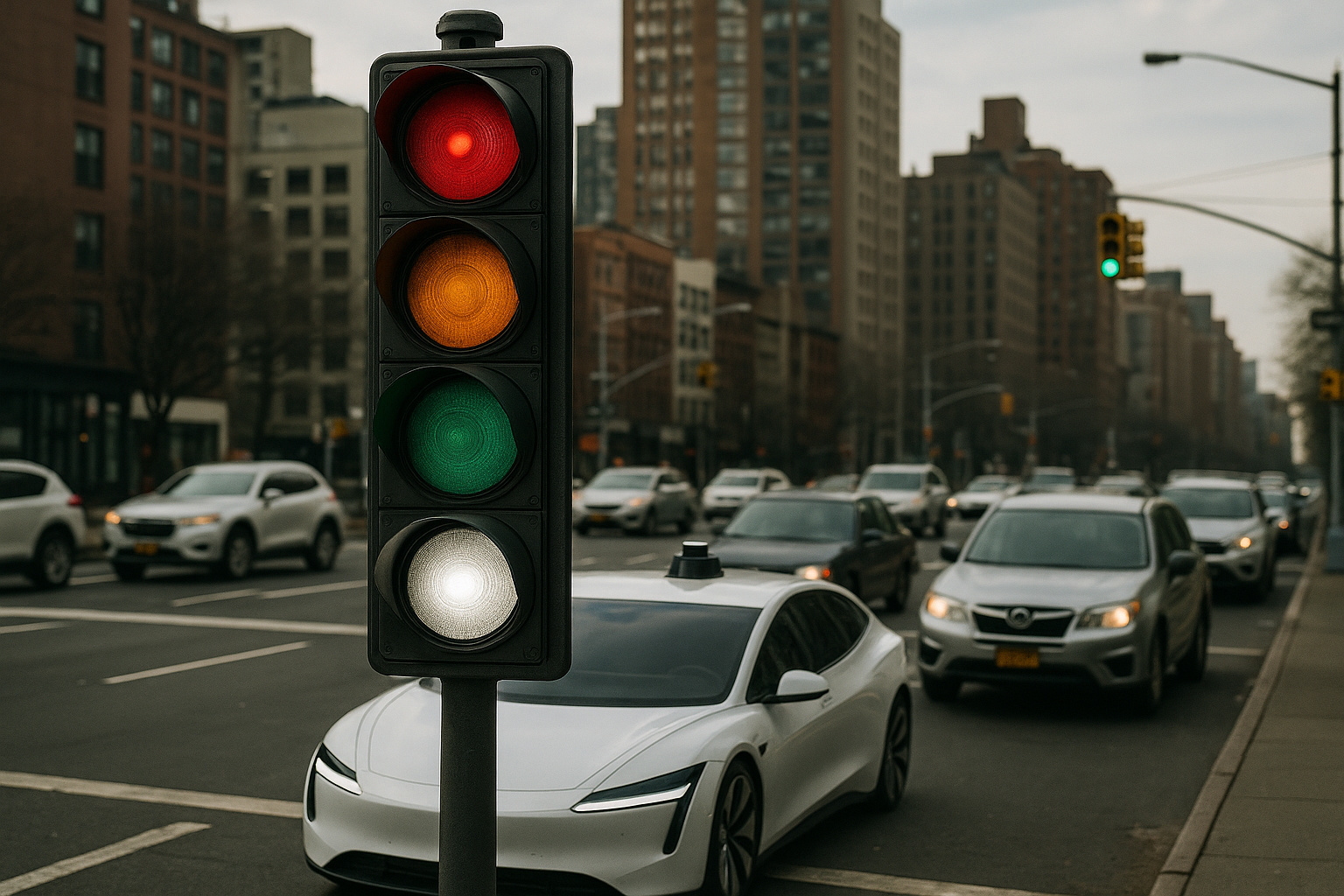 Semáforo futurista com luz branca para carros autônomos em cidade inteligente.