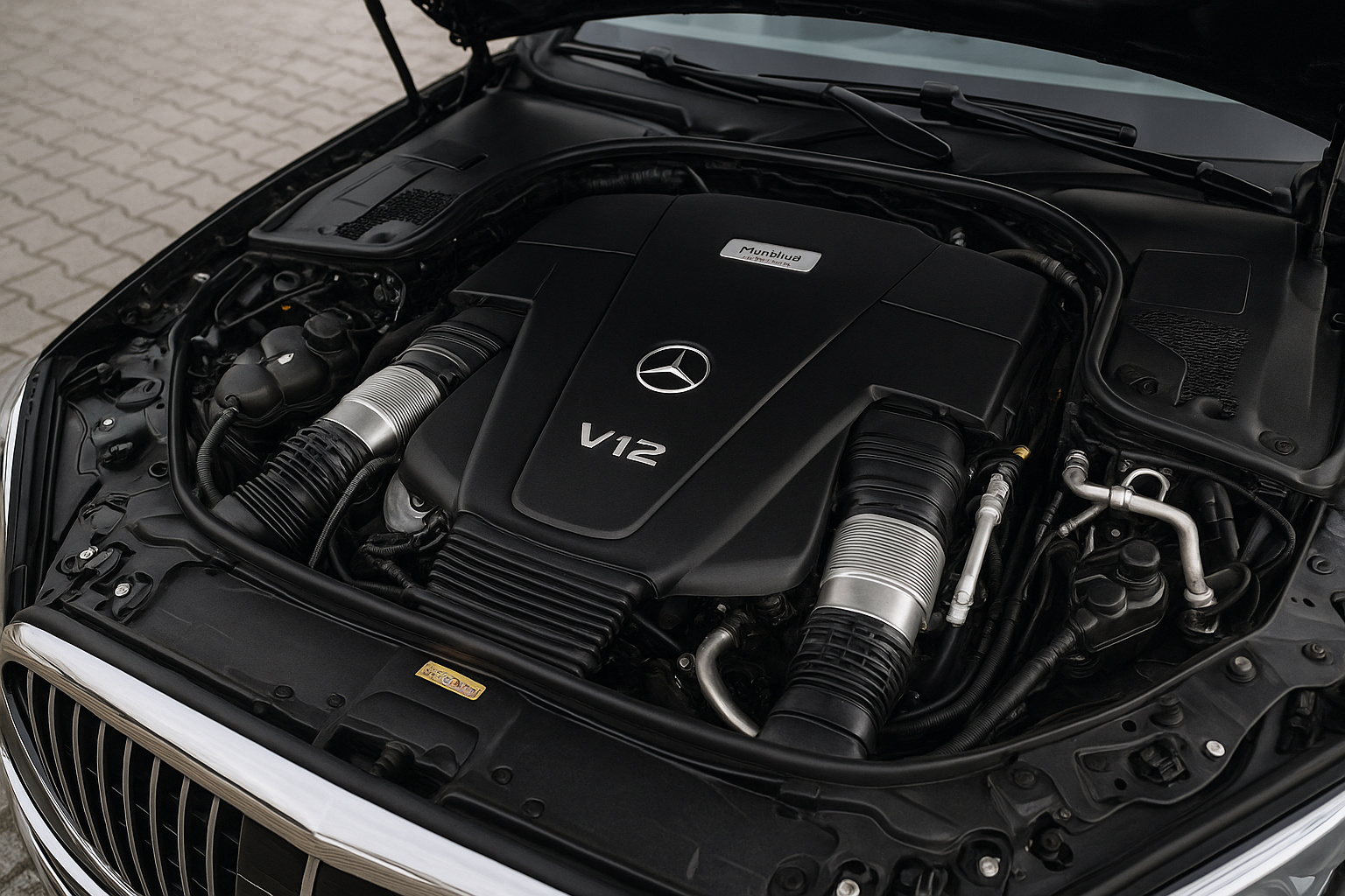 Mercedes-Maybach S680 em destaque com emblema V12 iluminado em ambiente urbano noturno.