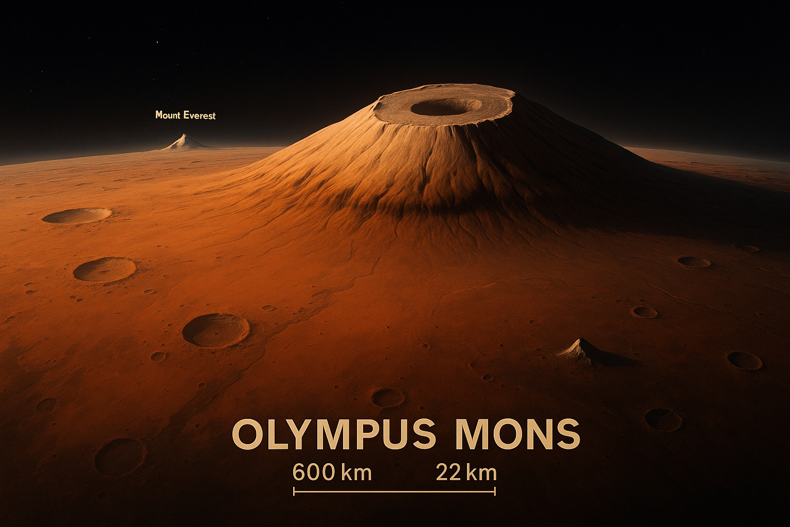 Monte Olimpo em Marte, maior vulcão do Sistema Solar, visto do espaço com destaque para sua altura de 22 km.