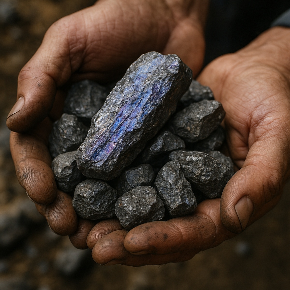 Mãos segurando pedras de nióbio extraído em Minas Gerais, representando a exploração mineral brasileira.