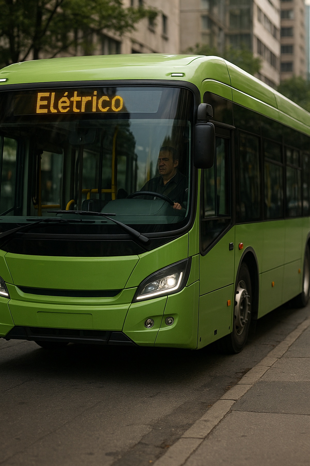 Ônibus elétrico circulando em avenida urbana no Brasil, simbolizando a transição para transporte coletivo sustentável até 2045.