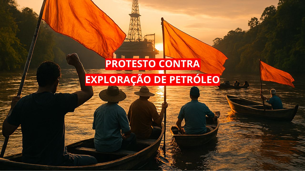 Pescadores em pequenos barcos segurando bandeiras vermelhas protestam em um rio ao pôr do sol, com uma plataforma de perfuração de petróleo ao fundo e uma densa floresta tropical em ambos os lados.