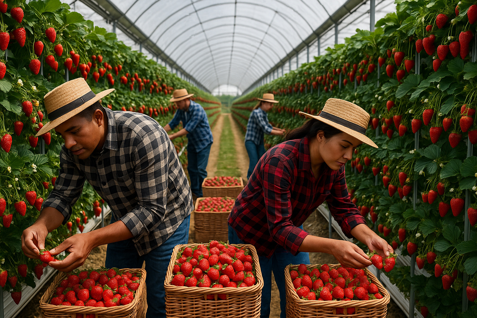 Produção de morangos em Pouso Alegre, Minas Gerais, polo responsável por 90% da safra nacional.