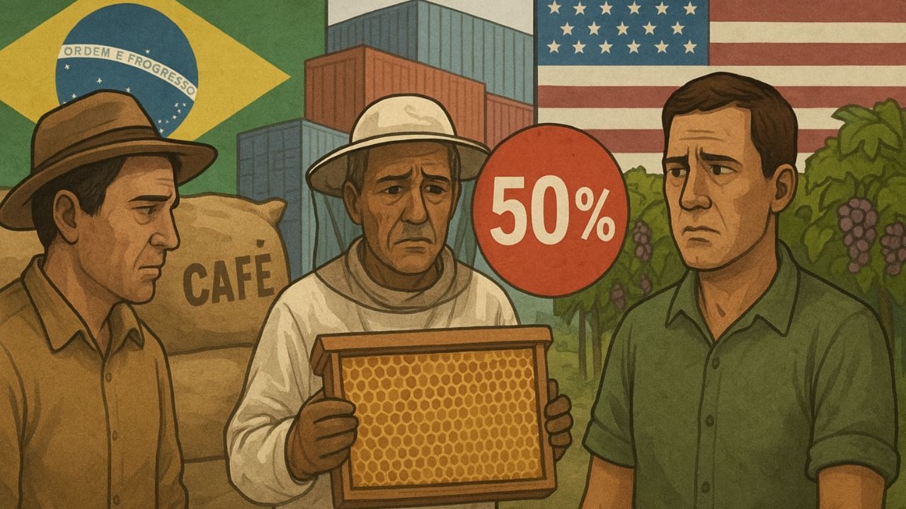 Tarifa de 50% imposta por Donald Trump já afeta o agronegócio brasileiro. Produtores de café, mel e uva enfrentam cancelamentos e perdas.