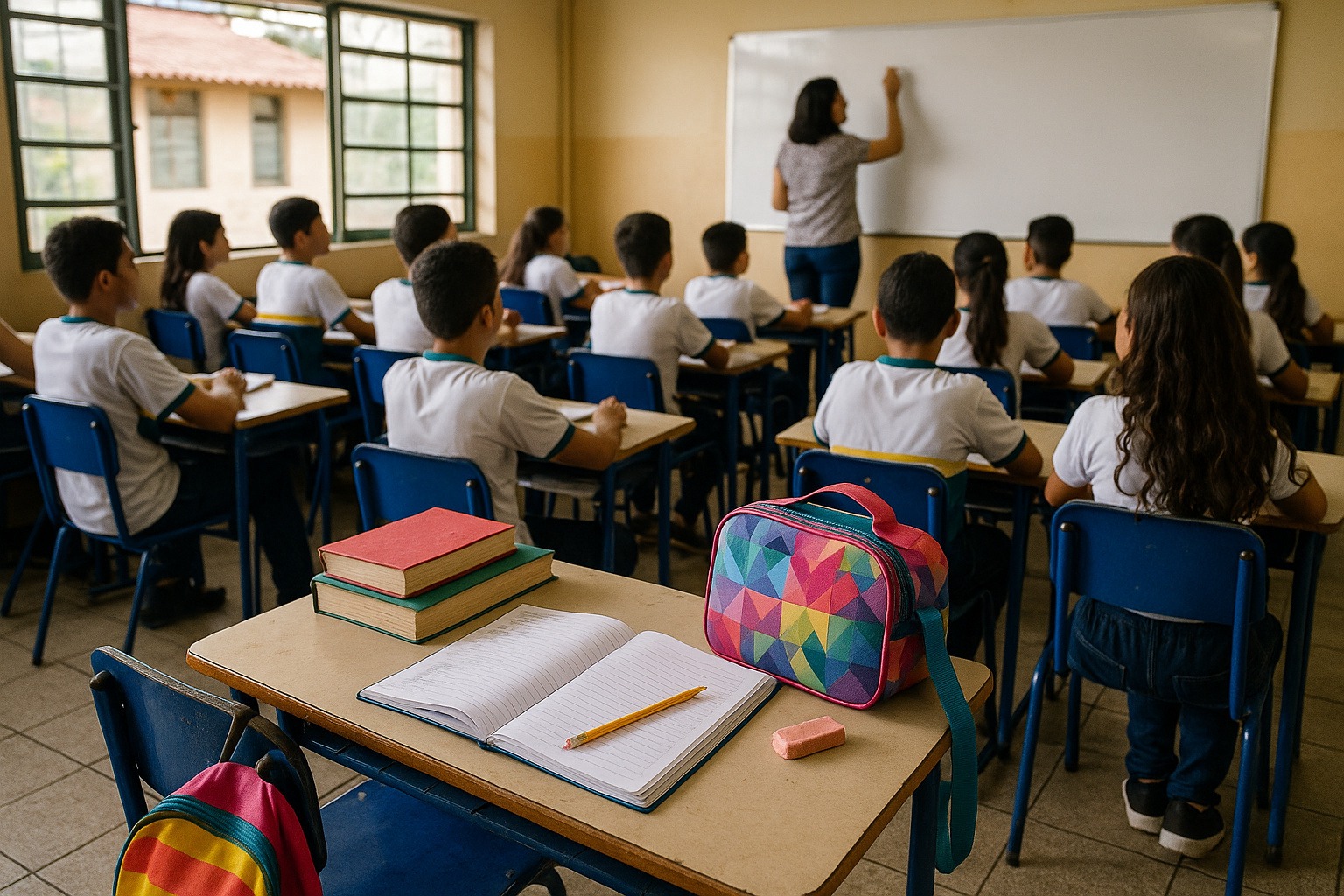 Sala de aula em escola particular com pais preocupados devido ao aumento das mensalidades em 2026.