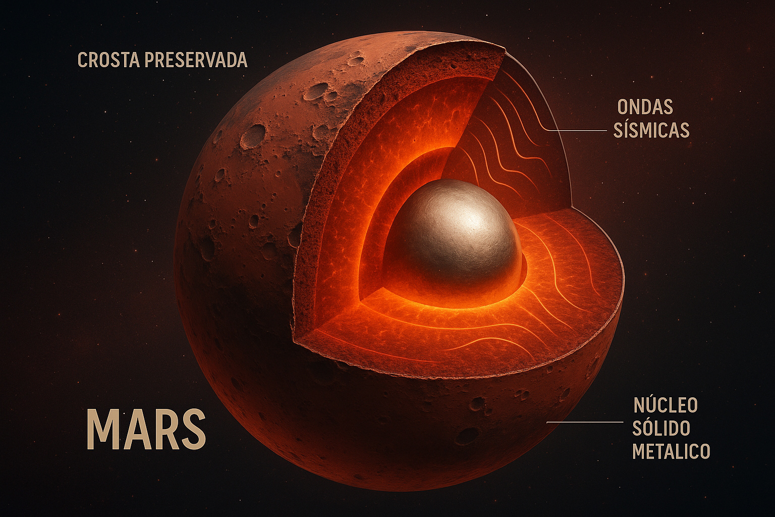 Ilustração do interior de Marte destacando núcleo sólido e crosta preservada.