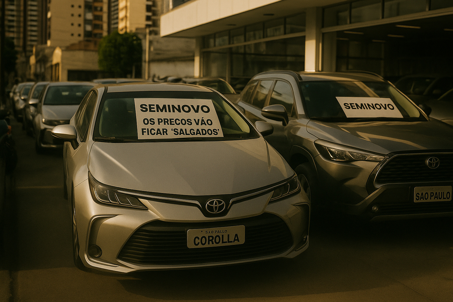 Toyota Corolla e Corolla Cross seminovos expostos em concessionária no Brasil após paralisação da fábrica em Porto Feliz.