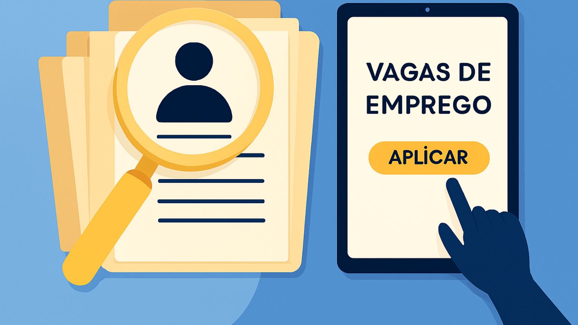 Ilustração digital de um processo seletivo com ícones de currículos, lupa e tablet, representando busca por vagas de emprego.