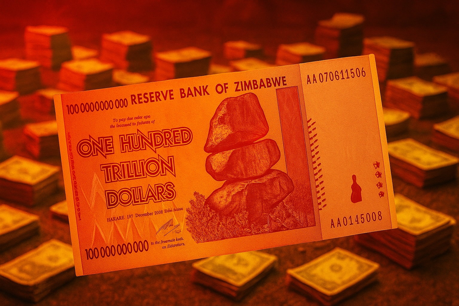 Inflação no Zimbábue chegou a níveis tão extremos que o país precisou imprimir notas de 100 trilhões de dólares, símbolo de uma economia destruída pela hiperinflação