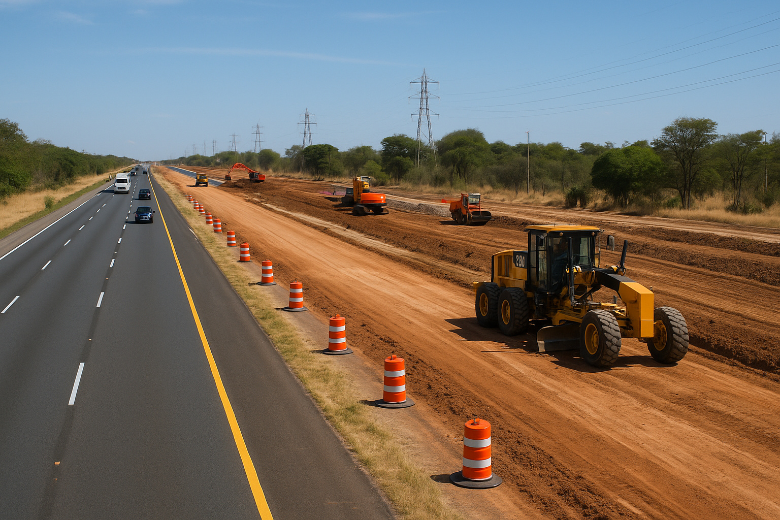 Obras de duplicação da BR-340 no Rio Grande do Norte com maquinário pesado e pista em construção sob céu parcialmente nublado.