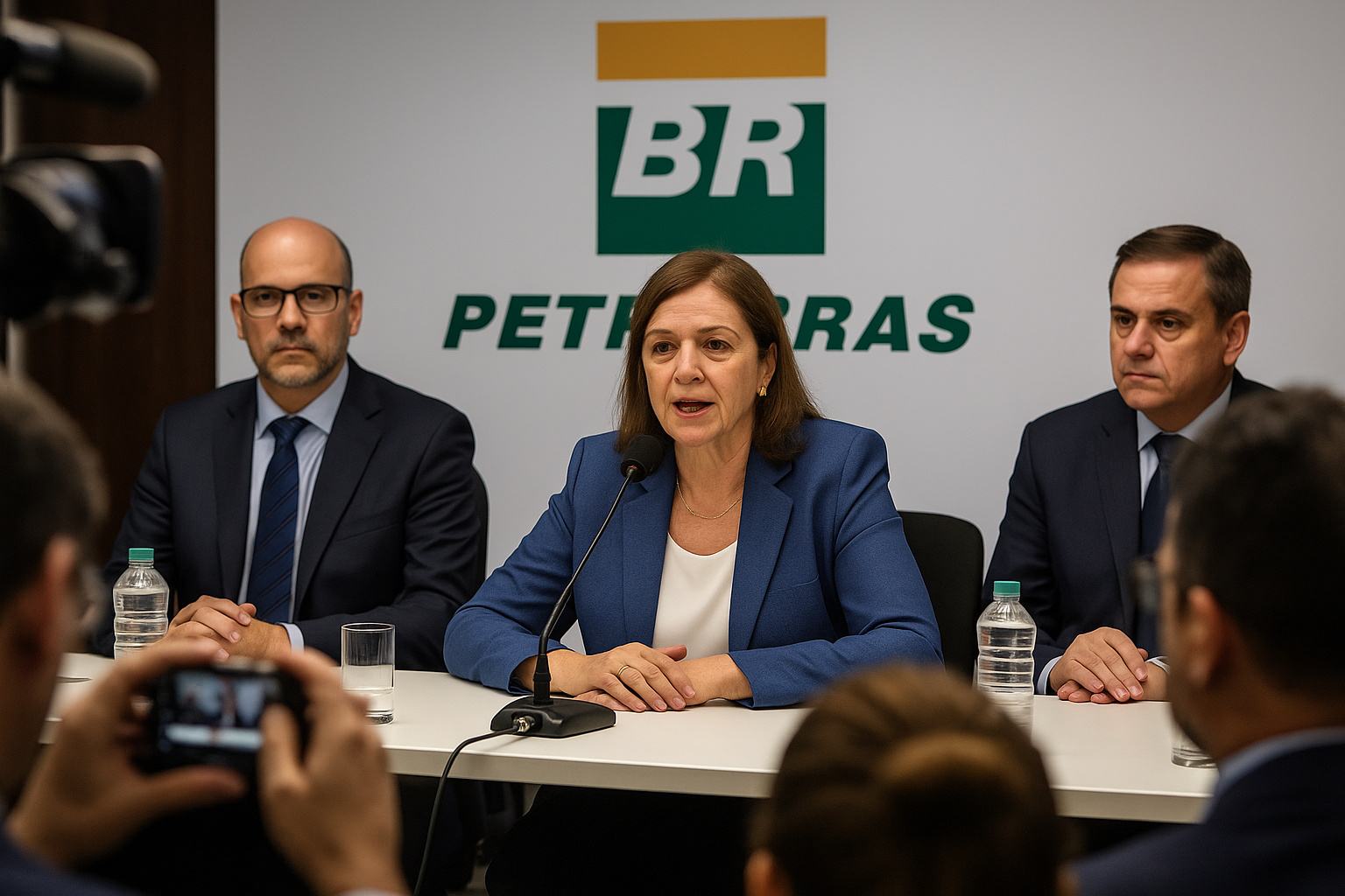 Executivos da Petrobras durante coletiva de imprensa em Salvador sobre investimentos de R$ 2,6 bilhões na Bahia e reabertura da Fafen-BA.