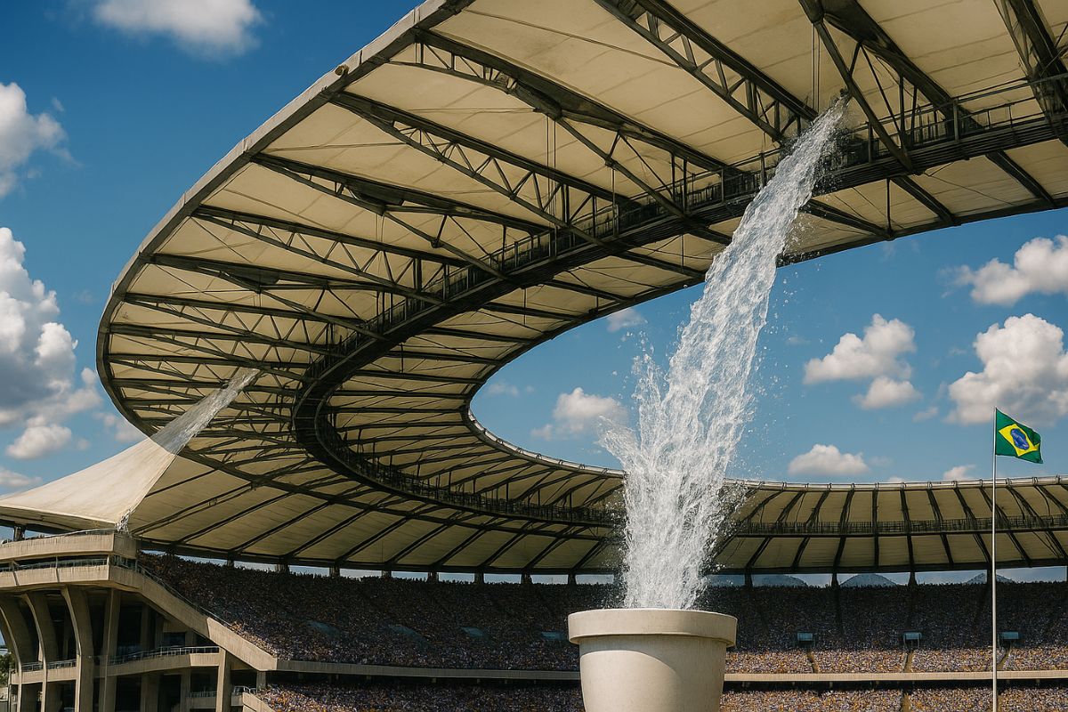 A cobertura do Maracanã, feita de fibra de vidro e teflon, une engenharia e sustentabilidade desde a Copa de 2014, símbolo da inovação brasileira.
