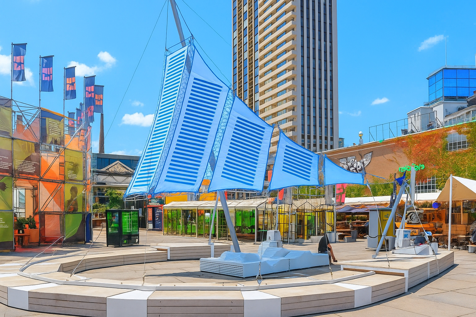Painéis solares instalados em telhado com uma pessoa ao fundo inspecionando a estrutura sob céu parcialmente nublado.