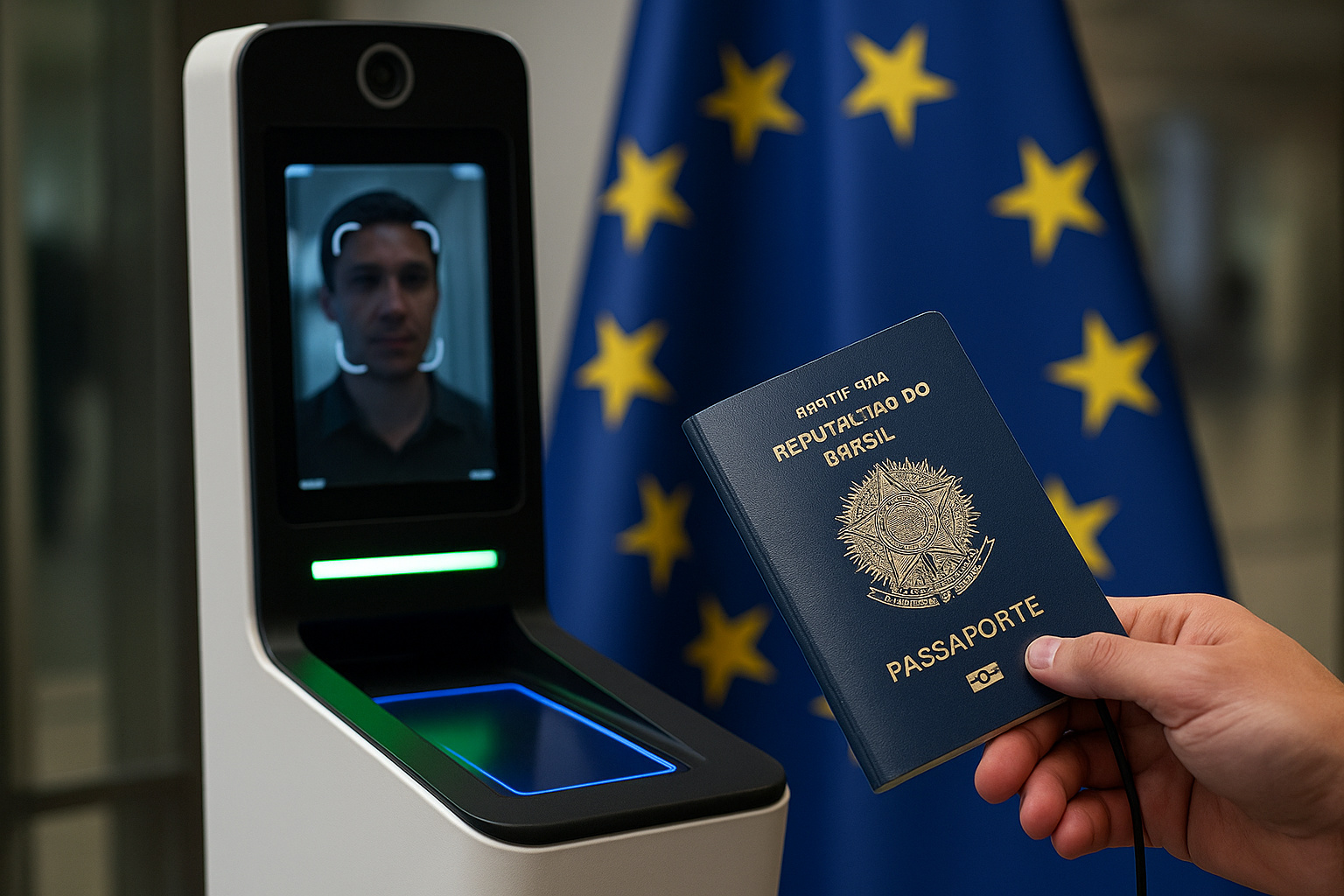 Passaporte brasileiro sendo escaneado em sistema biométrico europeu com bandeira da União Europeia ao fundo, representando novas regras de entrada para brasileiros.