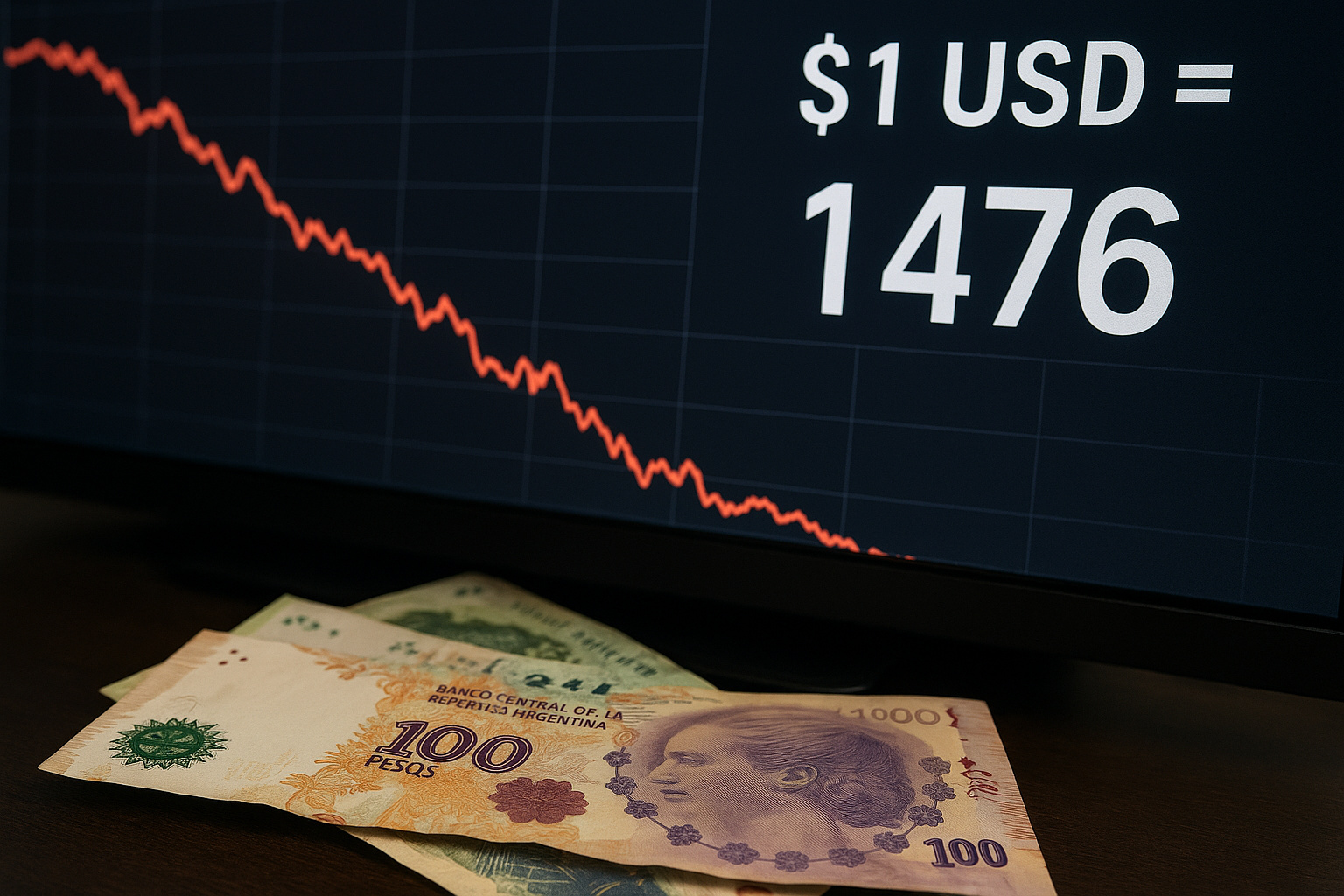 Cédulas argentinas sobre mesa com gráfico de câmbio em queda mostrando desvalorização do peso frente ao dólar em 2025.