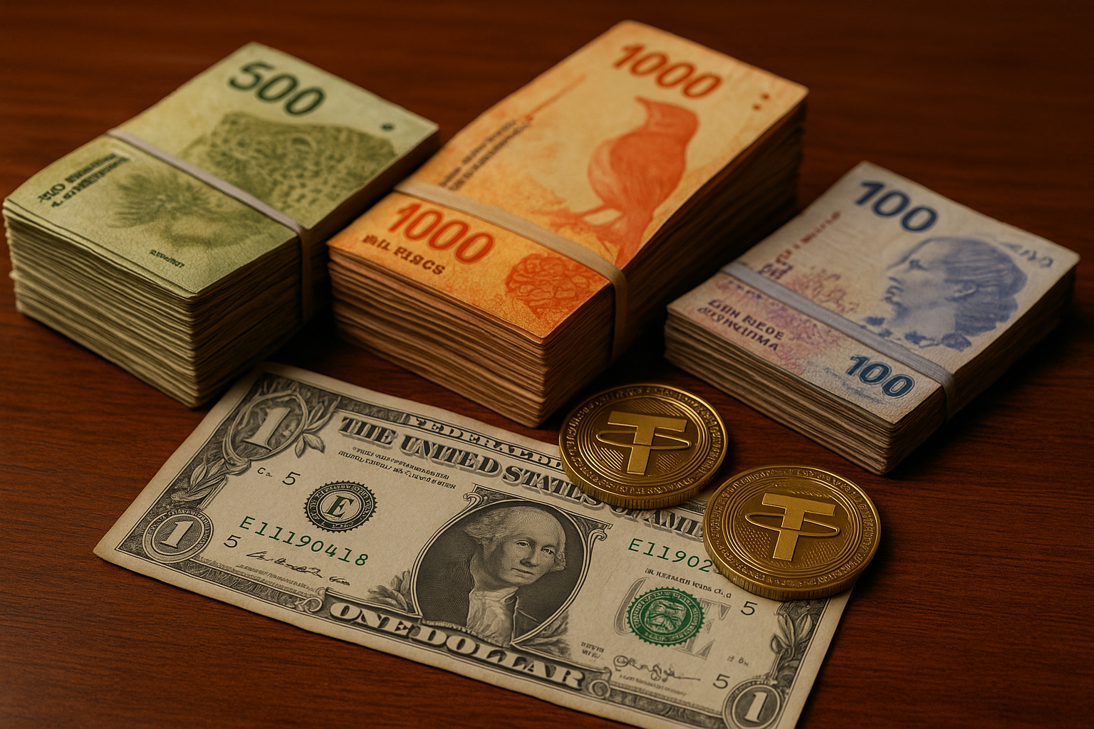 Pilhas de pesos argentinos, cédulas de dólar e moedas de stablecoin Tether sobre mesa de madeira, simbolizando o uso de criptomoedas na Argentina durante a crise econômica.