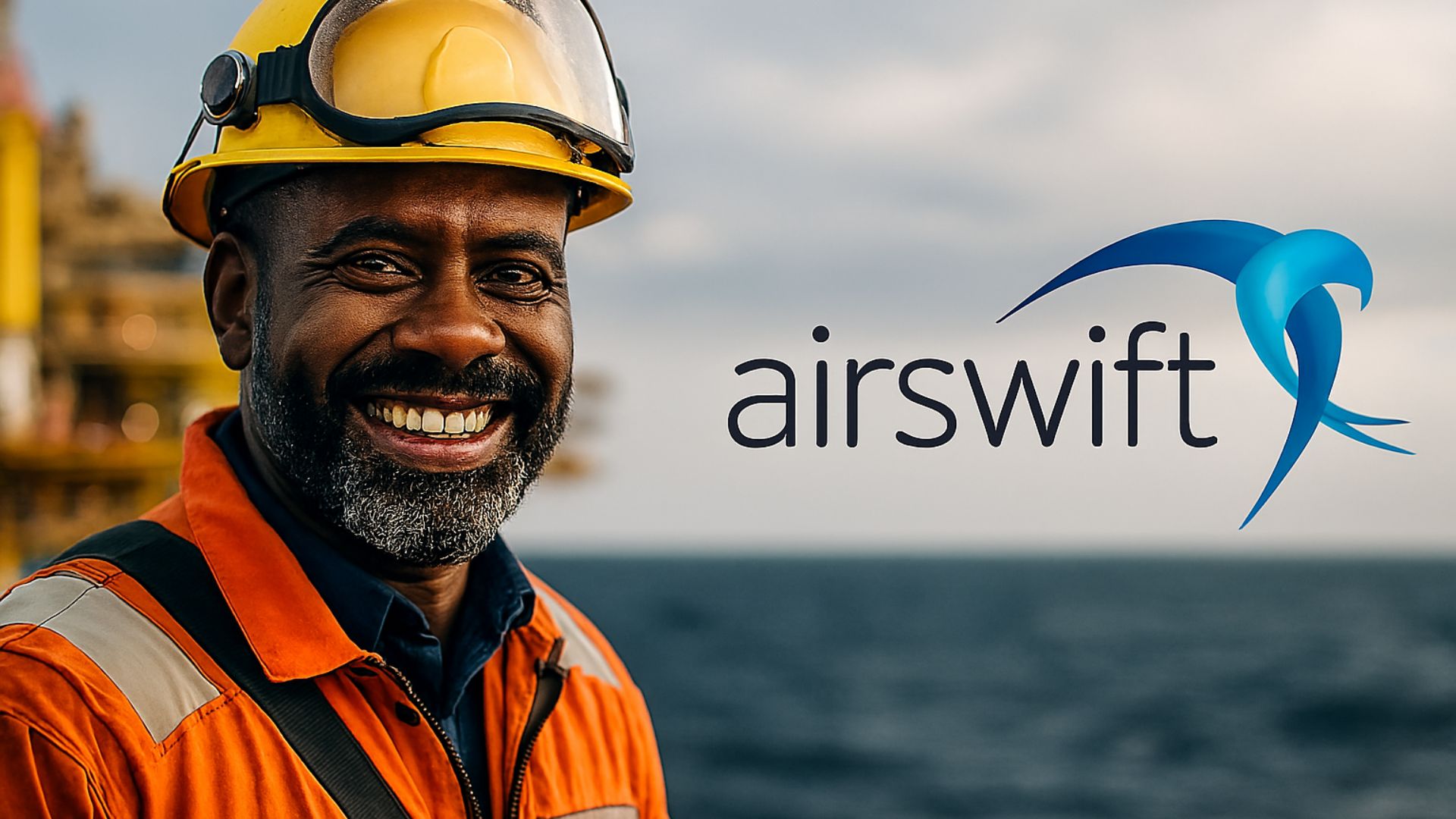 Trabalhador offshore sorridente com capacete e uniforme laranja, em frente ao mar e a uma plataforma de petróleo, com o logotipo da Airswift ao lado.