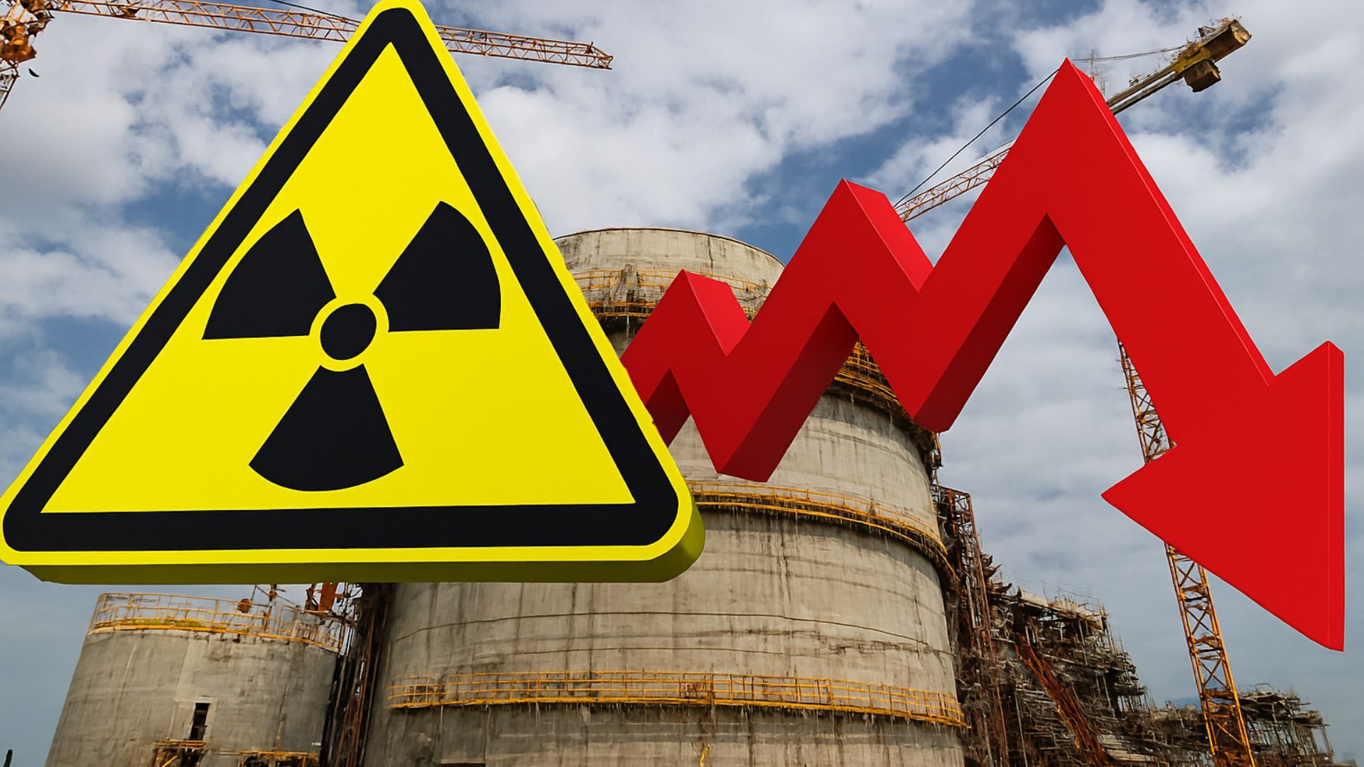 A usina nuclear em construção vista de baixo para cima, com uma placa de radiação 3D à esquerda e uma seta vermelha 3D apontando para baixo à direita.