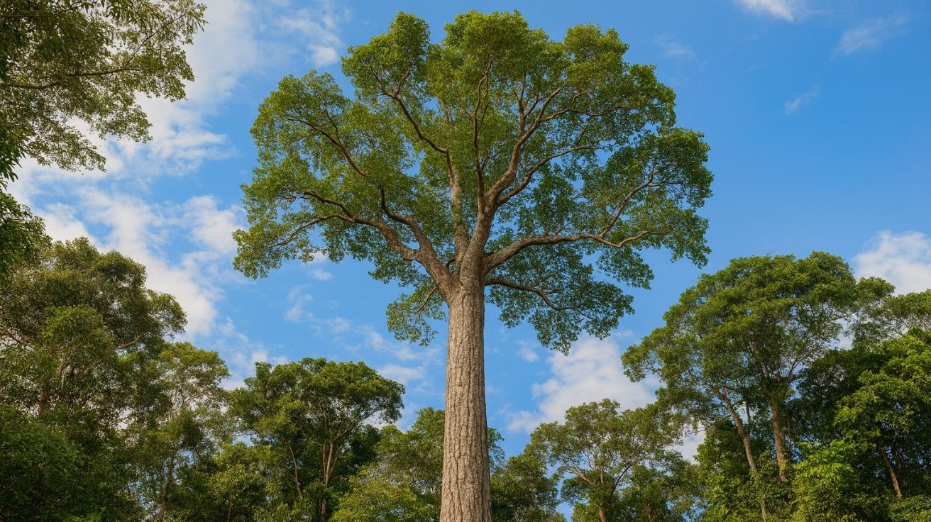 Fotografia realista de uma árvore gigante da Amazônia vista em close, representando o aumento do tamanho das árvores nas últimas décadas.