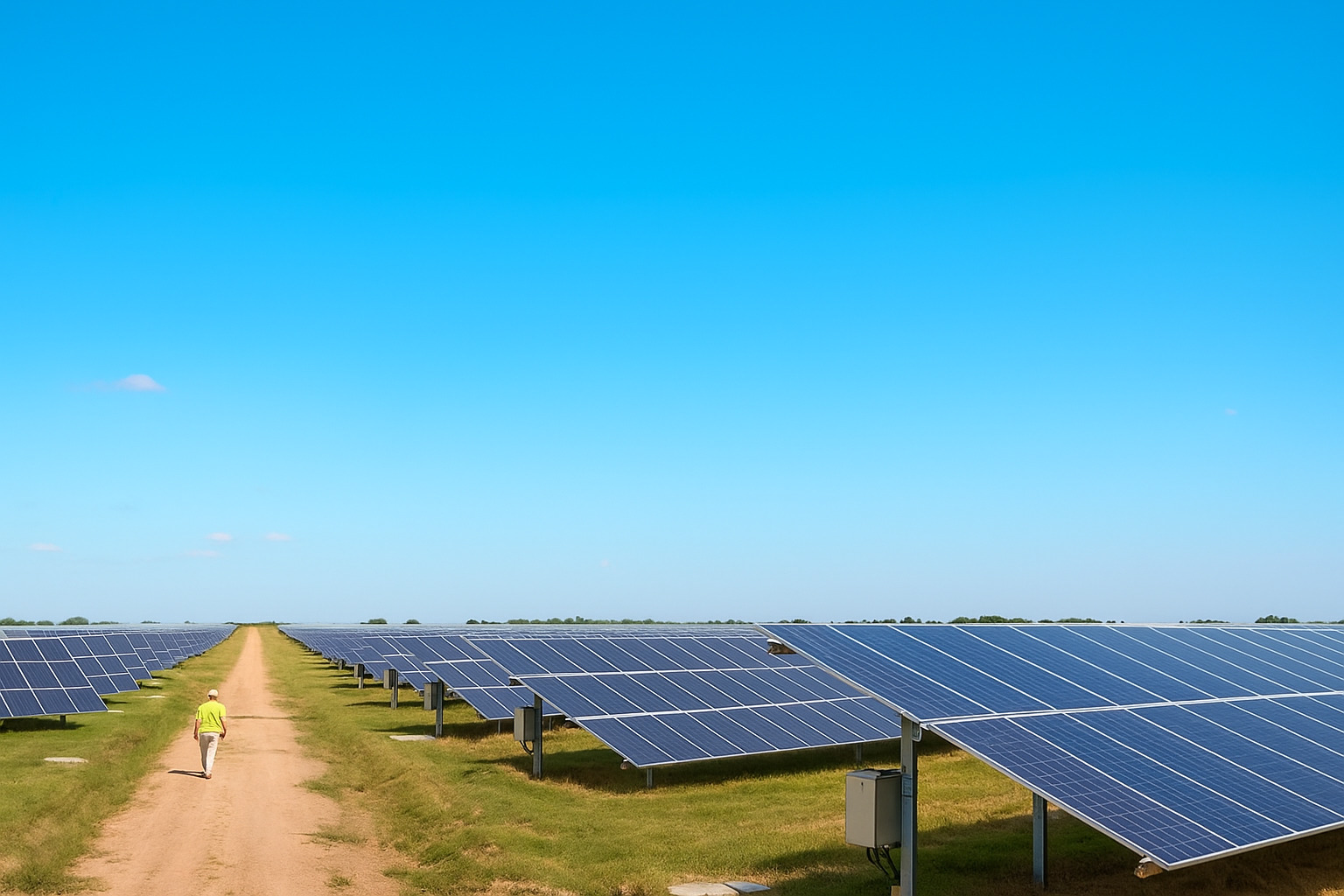 Painéis solares instalados em uma ampla área verde sob um céu parcialmente limpo com poucas nuvens.