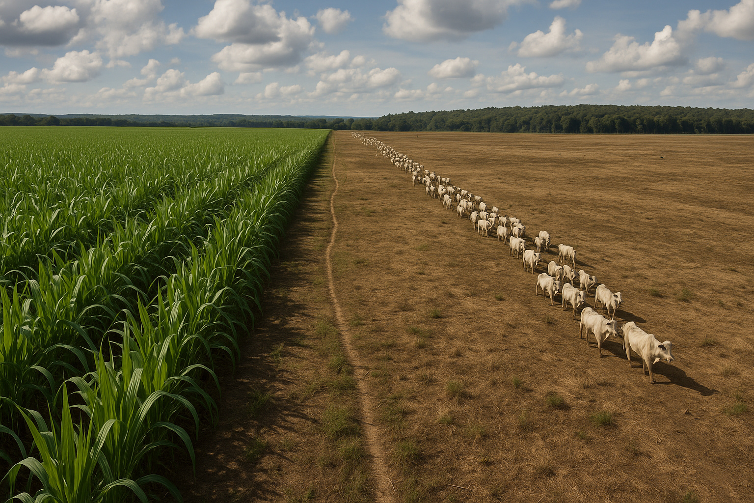Pastagem degradada ao lado de campo verde de cultivo, simbolizando o uso sustentável da terra para biocombustíveis no Brasil.