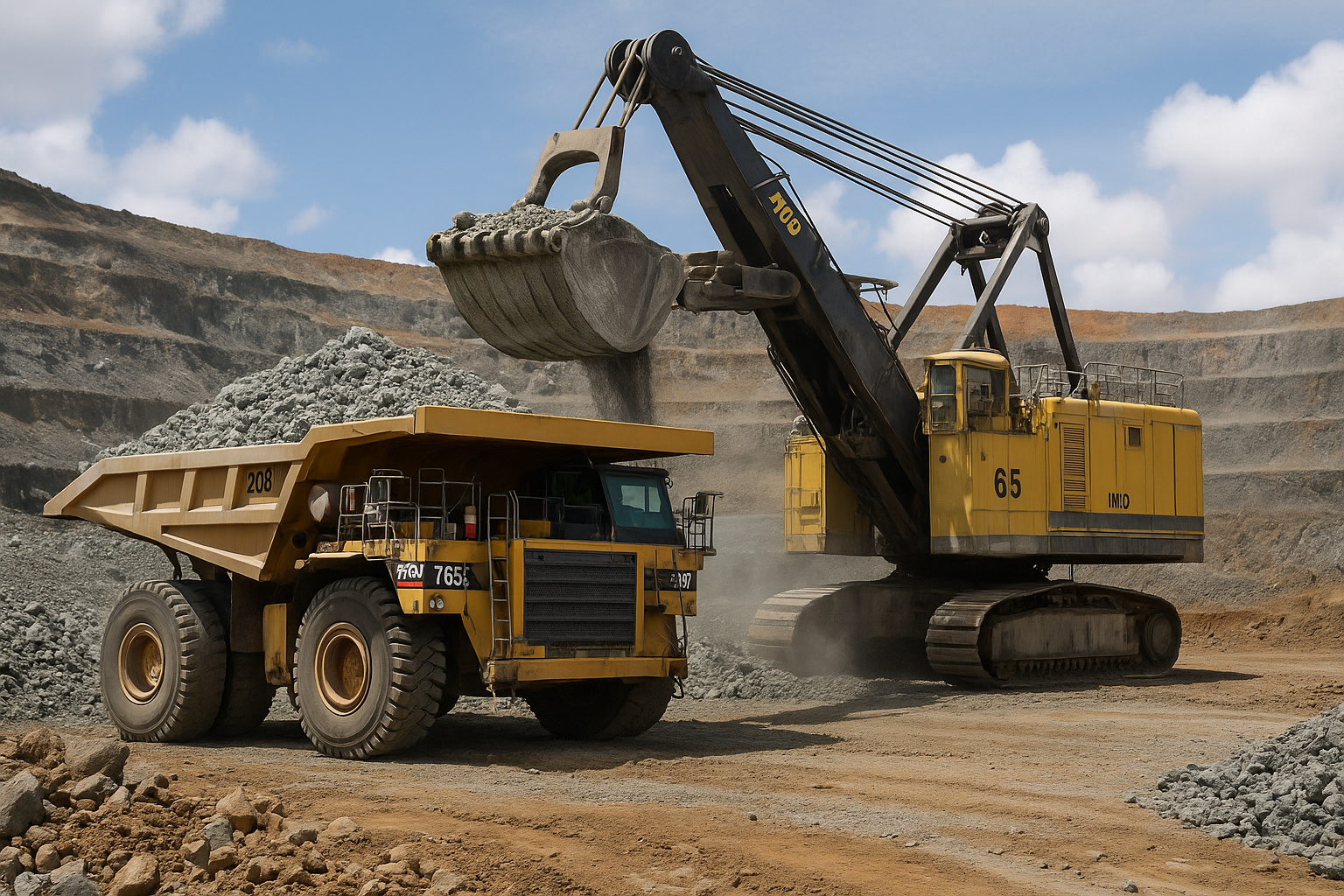 Caminhão de mineração e escavadeira operando na mina de níquel Santa Rita, em Itagibá, Bahia, durante carregamento de minério para exportação sustentável.