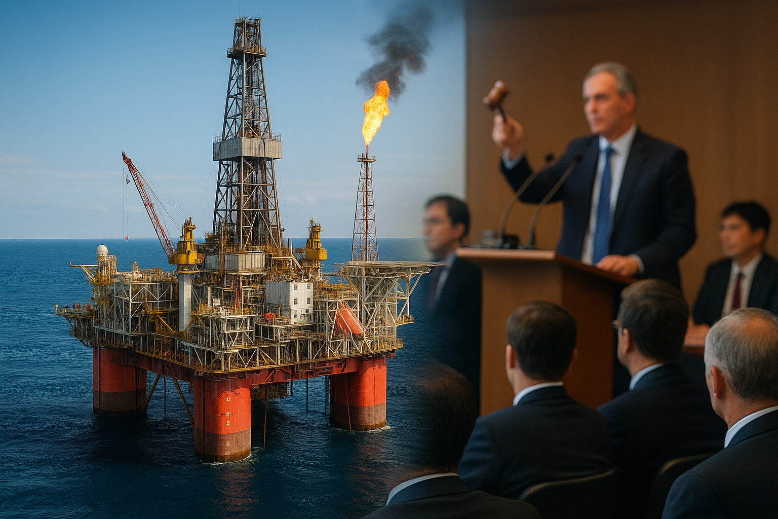 Plataforma de petróleo no pré-sal brasileiro durante operação no oceano, simbolizando o leilão de novas áreas de exploração realizado pela ANP em 2025.