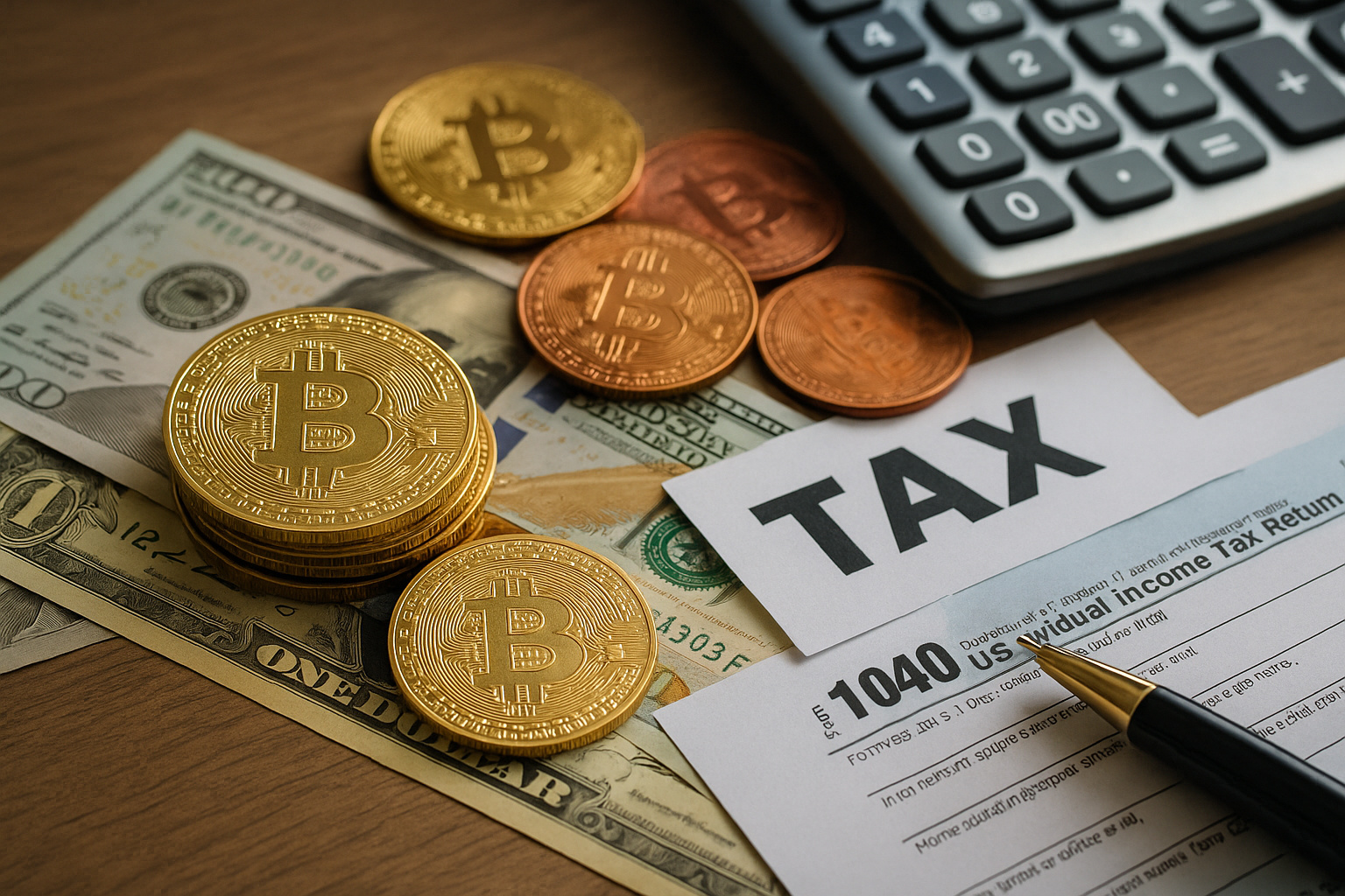 Moedas de bitcoin sobre notas de dólar e documentos de imposto, representando a nova tributação sobre criptomoedas em 2026.