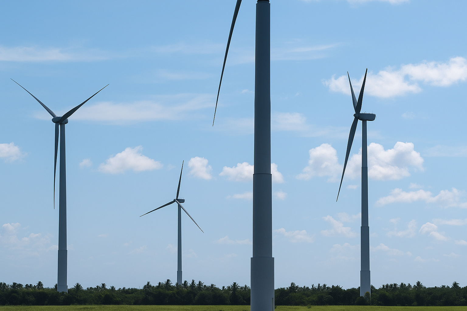 Aerogeradores em operação sob céu parcialmente nublado durante o dia.