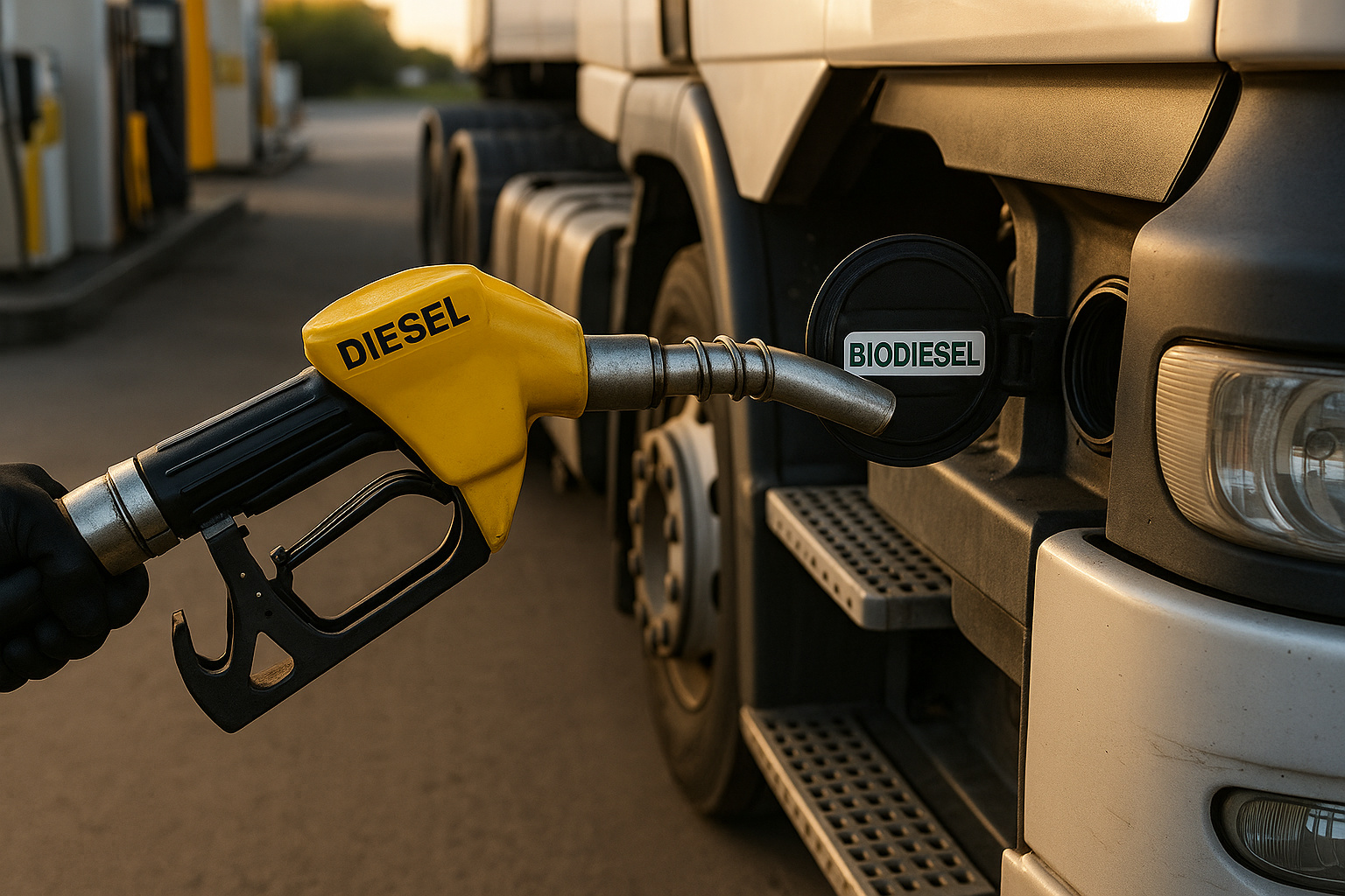 Caminhão sendo abastecido com diesel B em posto brasileiro, representando o crescimento do consumo de biocombustíveis em 2025.
