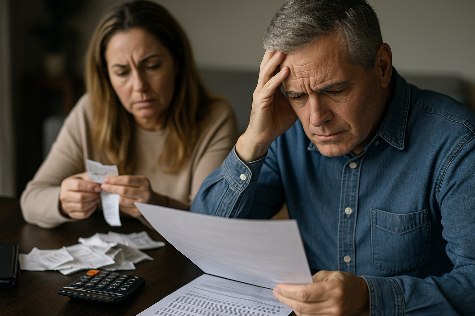 Casal analisa contas e boletos em casa, representando a inadimplência e o aumento das dívidas no Brasil em 2025.