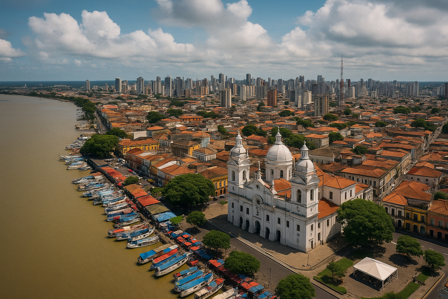 Vista aérea realista de Belém, cidade-sede da COP30, com destaque para o rio, a catedral e o centro urbano cercado por vegetação amazônica.