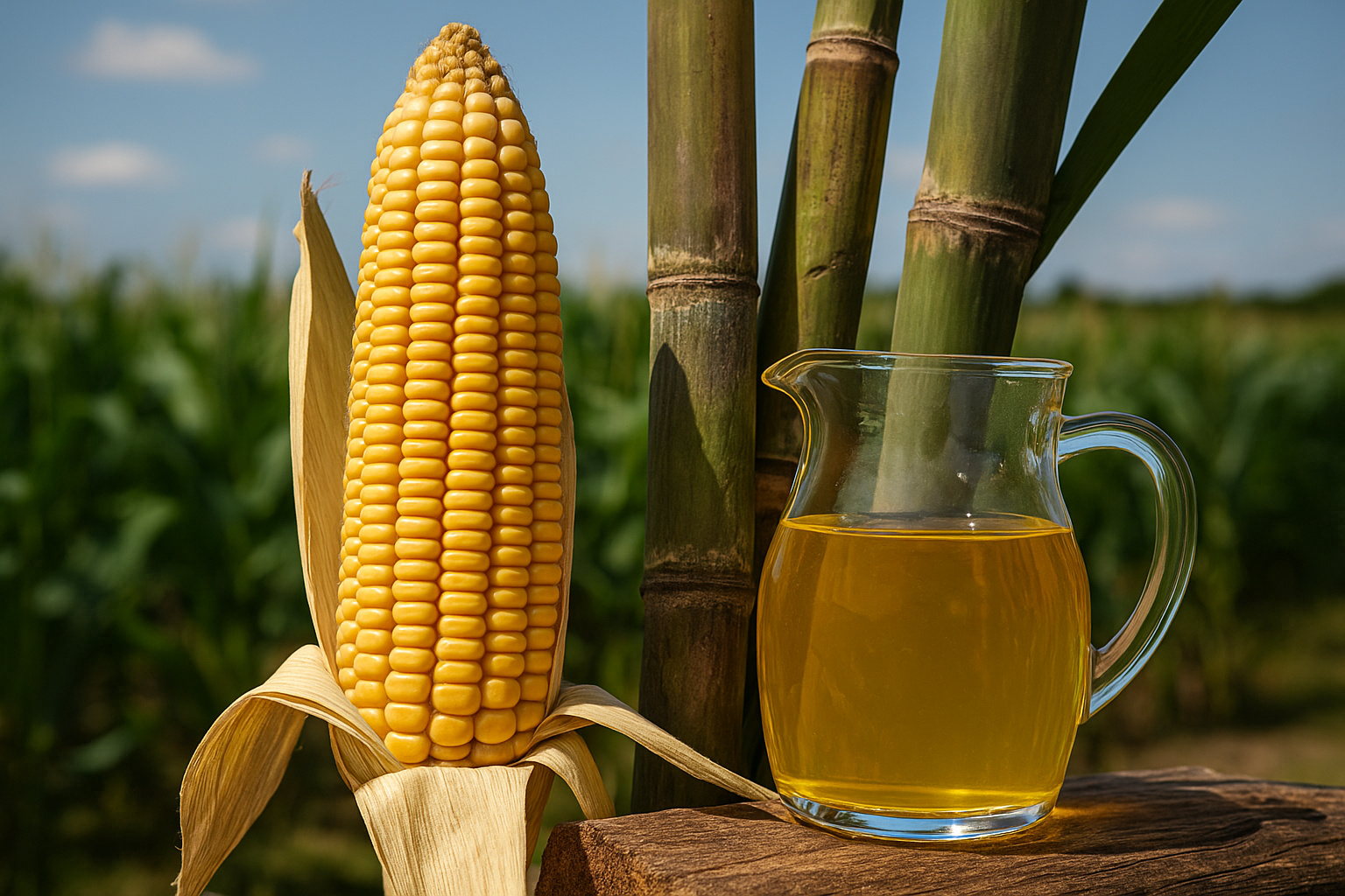 Espiga de milho e jarra com etanol diante de plantação, simbolizando a produção de biocombustível no Brasil.