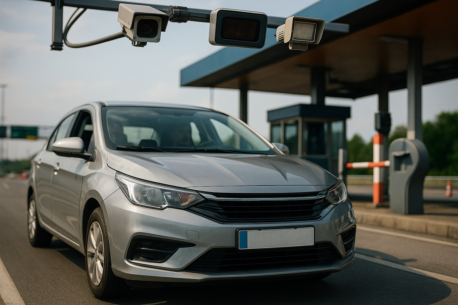 Carro passando por pedágio automatizado com câmeras de leitura de placas, ilustrando o sistema de pagamento via Pix sem TAG da startup MeuPedágio.