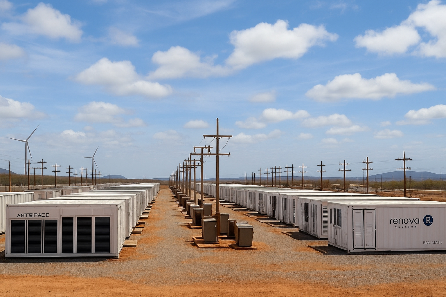 Estação de energia renovável com contêineres e torres eólicas sob um céu parcialmente nublado.
