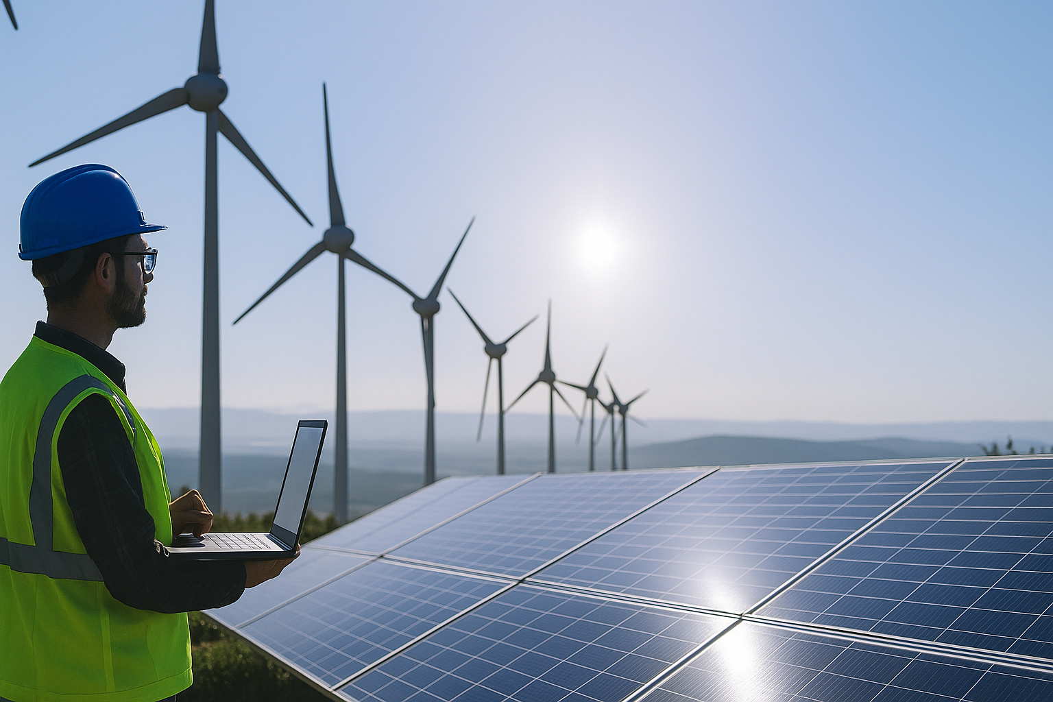 Engenheiro monitora turbinas eólicas em um campo de energia renovável durante o meio-dia.