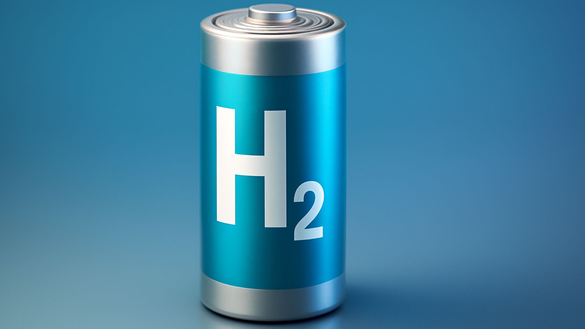 Bateria vertical com acabamento metálico azul e símbolo de hidrogênio "H₂" em destaque, sobre fundo azul gradiente