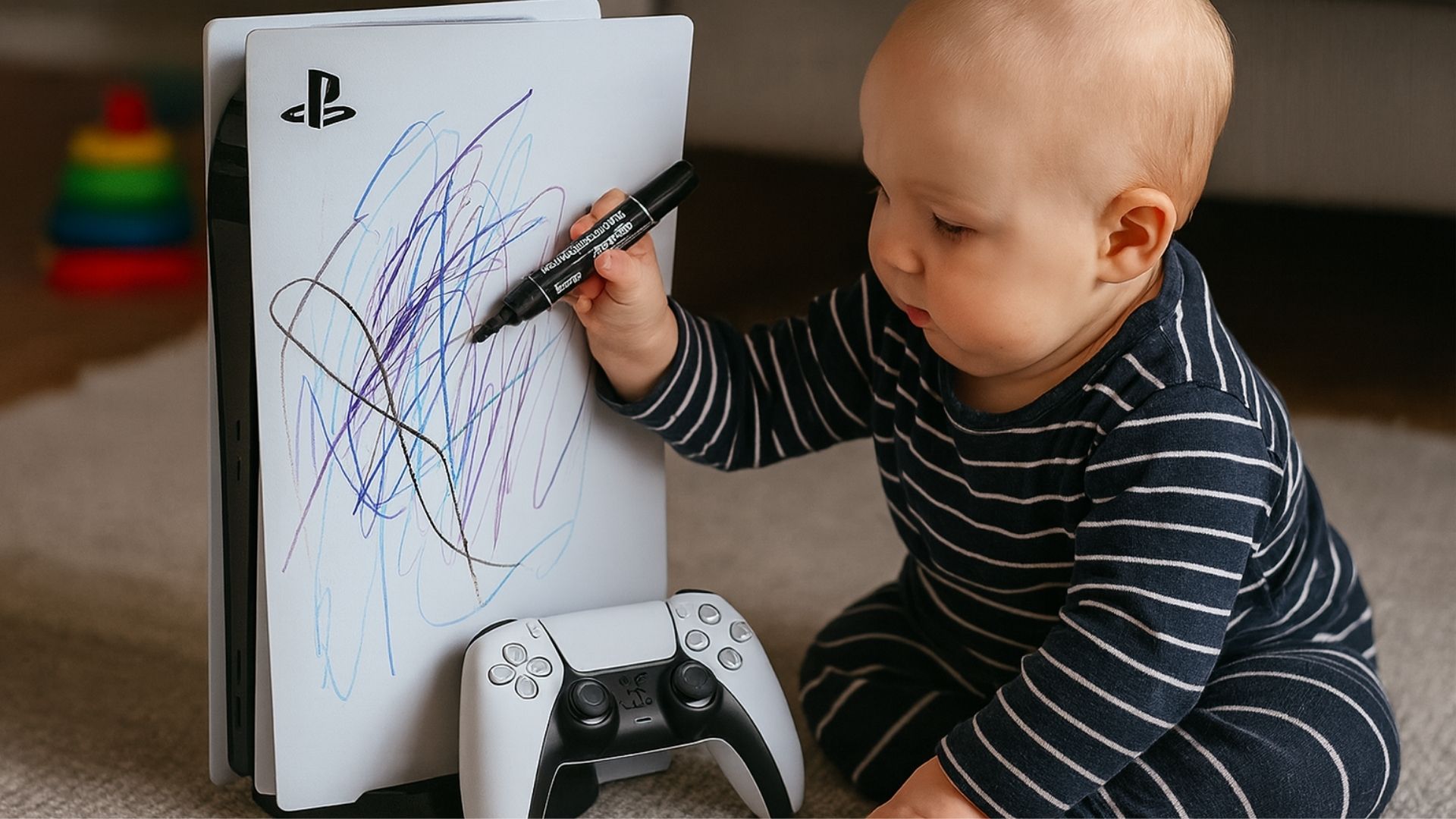 Bebê com canetinha tentando pintar um console PlayStation 5 em uma sala iluminada, enquanto artigo explica como desligar 3 funções pode deixar o PS5 até 60% mais rápido, segundo comunidade do Reddit.