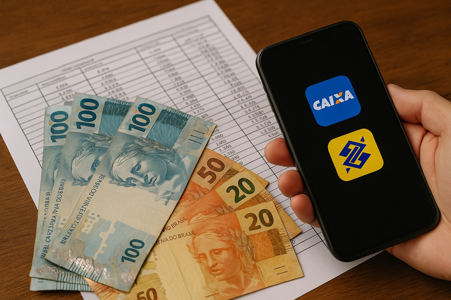 Cédulas de real e celular exibindo aplicativos da Caixa e Banco do Brasil, simbolizando pagamento extra de até R$ 1.518 em outubro de 2025.