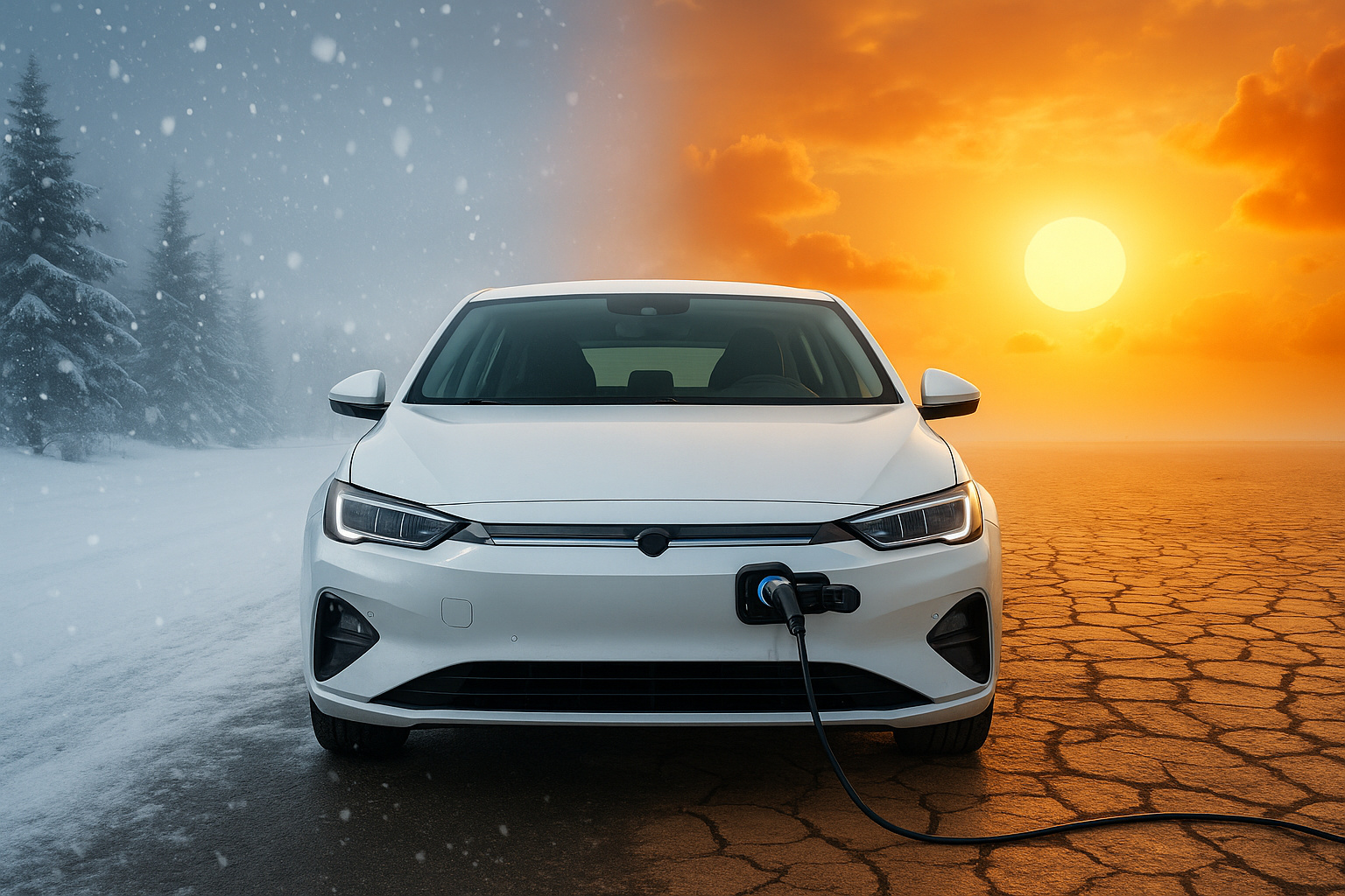 Carro elétrico enfrentando temperaturas extremas, com metade do cenário coberto de neve e a outra metade sob sol intenso, representando o gerenciamento térmico das baterias.