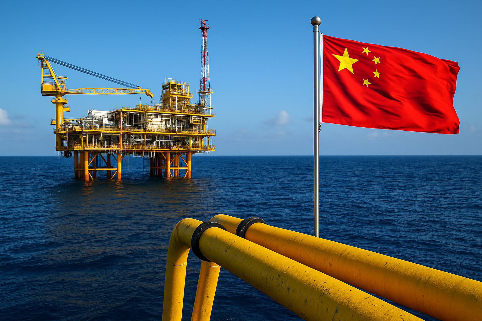 Plataforma offshore da China com oleodutos submarinos e bandeira chinesa em alto-mar