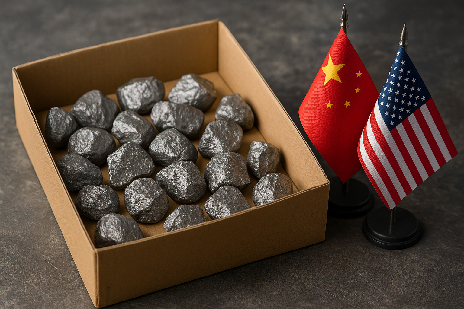 Amostras de terras raras em caixa ao lado das bandeiras da China e dos Estados Unidos, simbolizando disputa comercial e exportação de minerais estratégicos.