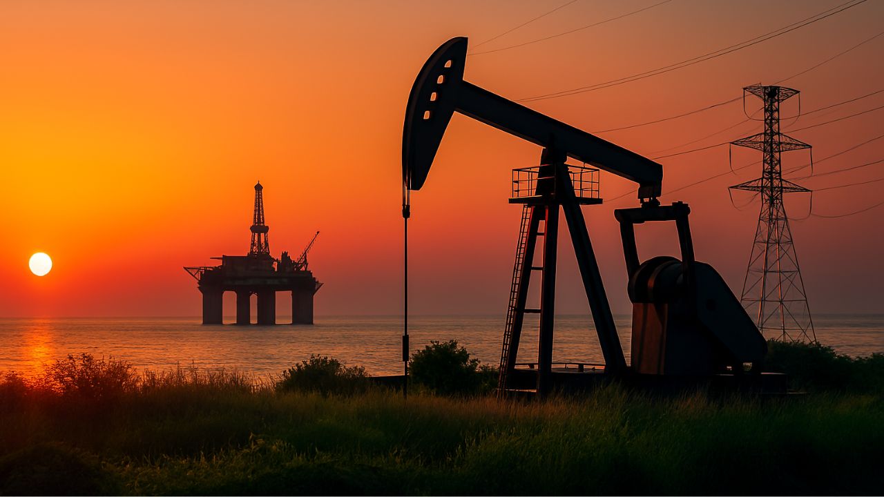 Paisagem energética ao pôr do sol com plataforma de petróleo offshore, bomba de extração terrestre e torres de transmissão elétrica.