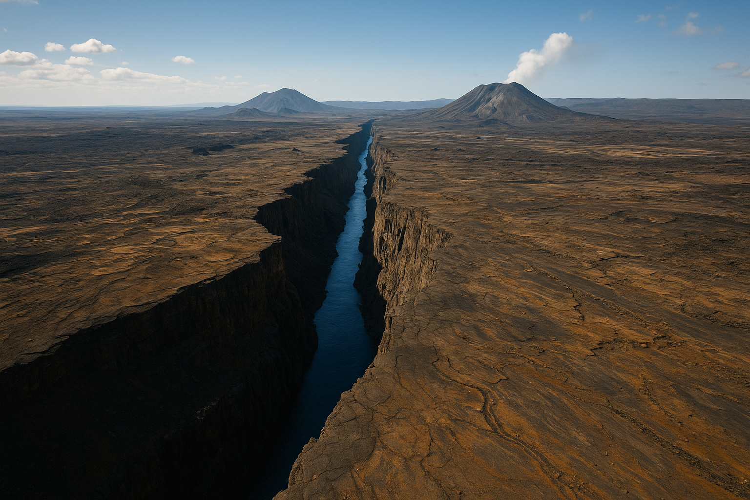 Fenda continental no leste da África vista de cima, mostrando terreno árido, montanhas vulcânicas e a separação das placas tectônicas sob a Etiópia.