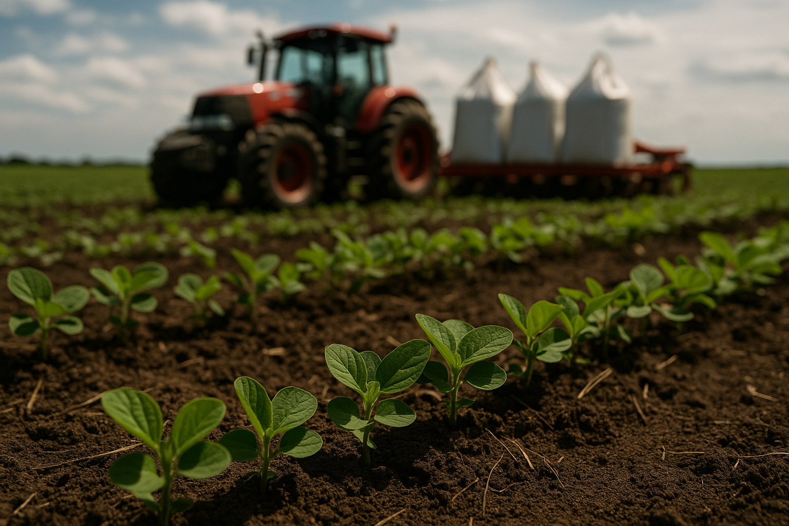 Campo de soja no Rio Grande do Sul com trator e sacos de fertilizantes ao fundo, representando a falta de insumos e crédito dos produtores na safra 2025/26.