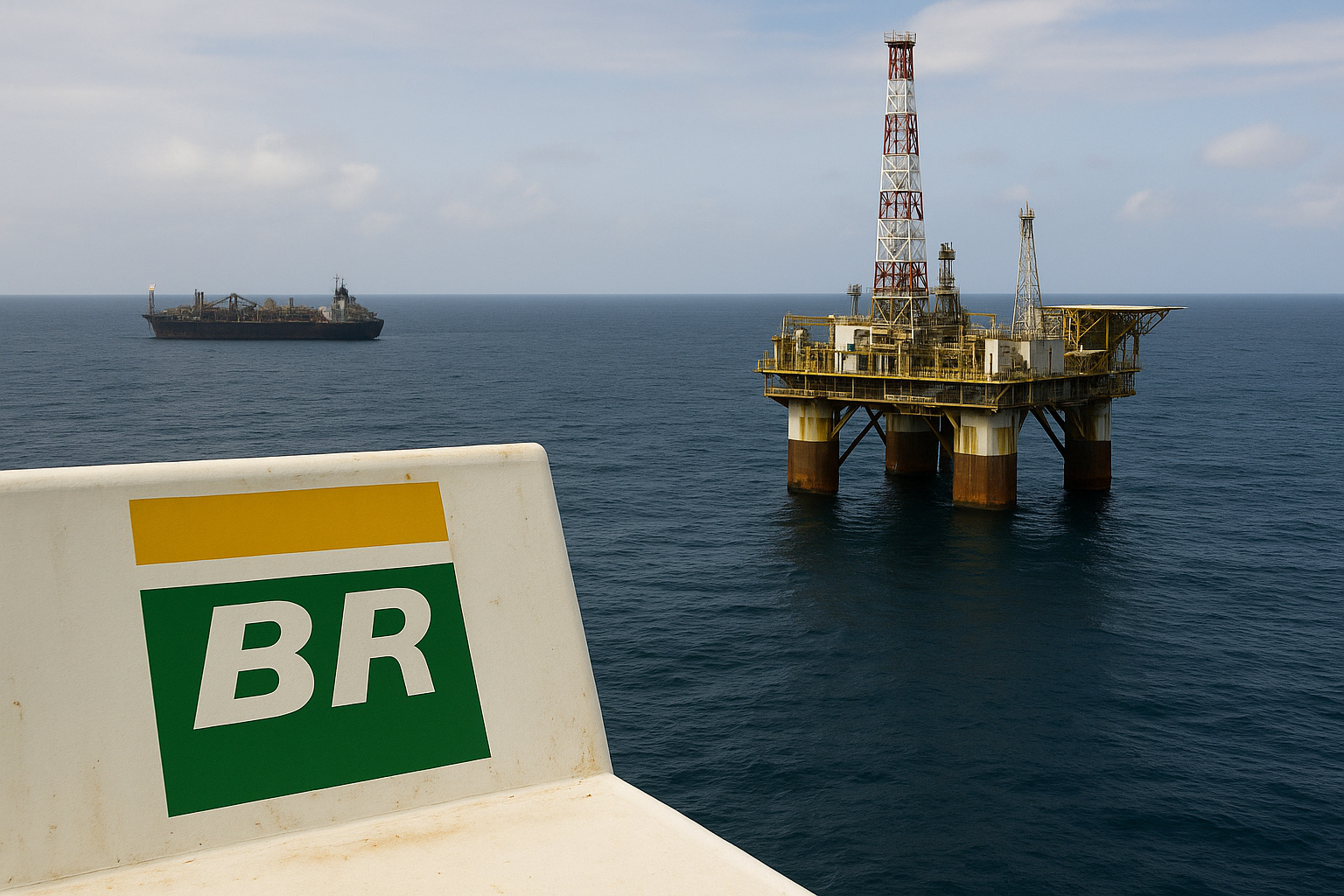 Plataforma da Petrobras no campo de Tupi, com logotipo BR em destaque e FPSO ao fundo no mar do pré-sal brasileiro.