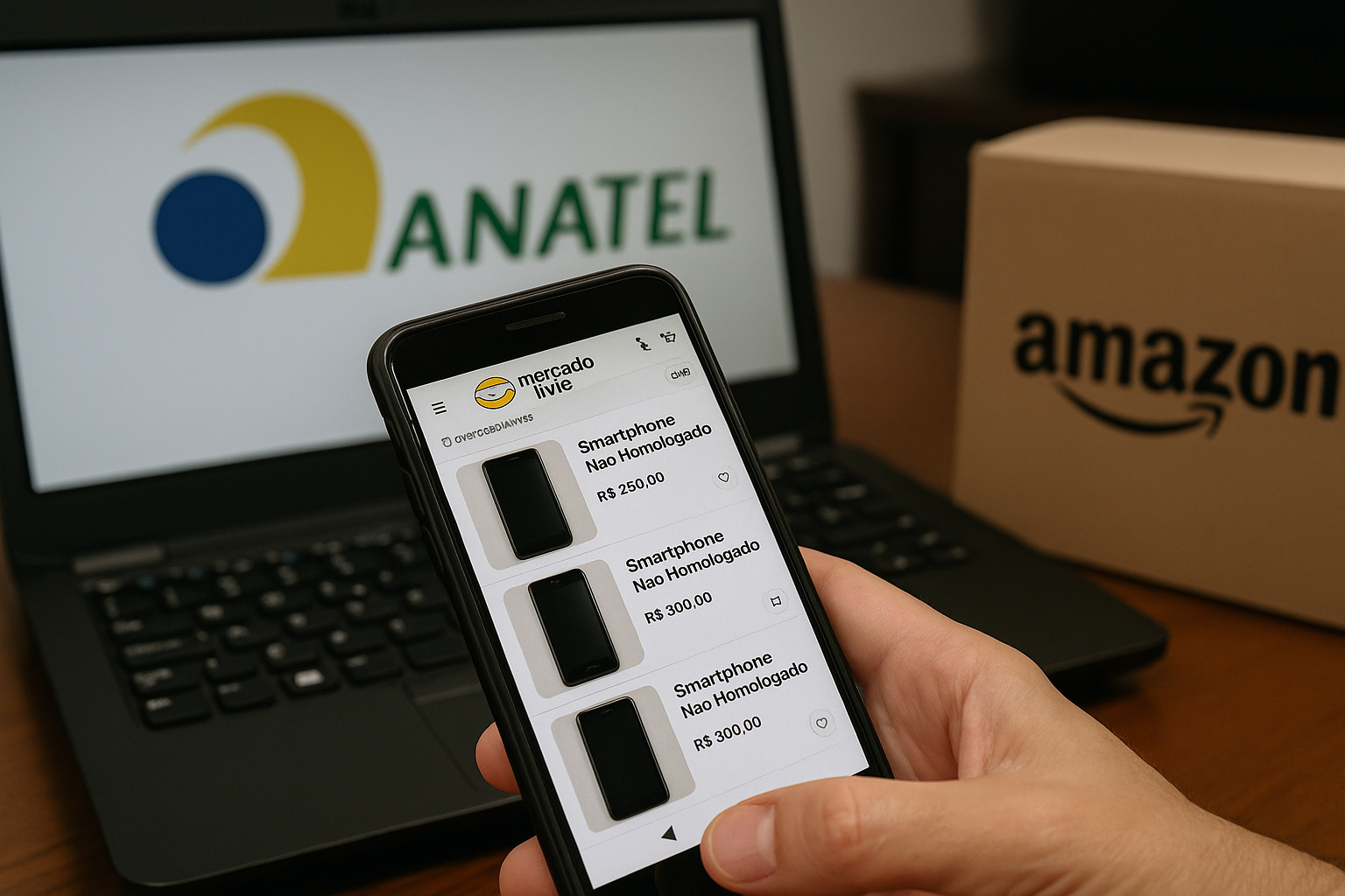 Executivo analisa produtos eletrônicos em marketplace online, representando a fiscalização da Anatel sobre vendas não homologadas.