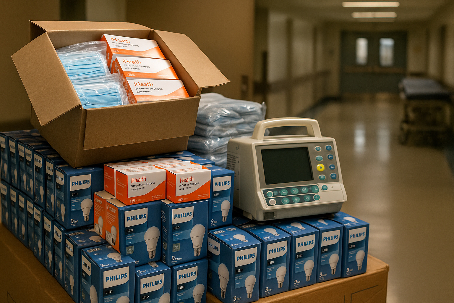 Caixas de lâmpadas e equipamentos hospitalares organizados em um corredor de hospital público, simbolizando a doação feita pela Receita Federal ao sistema de saúde do Rio de Janeiro.