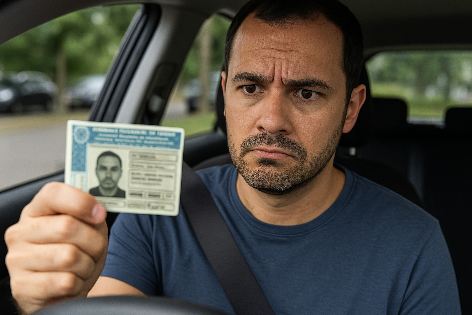 Motorista de aplicativo brasileiro dentro do carro segura a CNH com expressão de dúvida sobre as novas regras de habilitação.