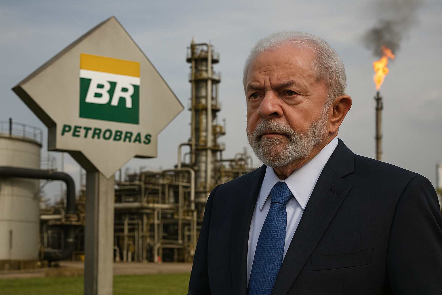 Presidente Lula diante de uma refinaria da Petrobras, com o logotipo da estatal em destaque e chamas industriais ao fundo, simbolizando a disputa política e econômica sobre os investimentos bilionários da empresa.